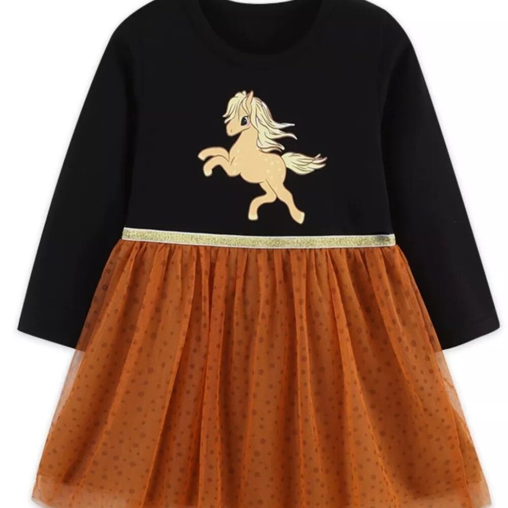 Children's Horse Black Long Sleeve With Brown Tulle Dress NWT